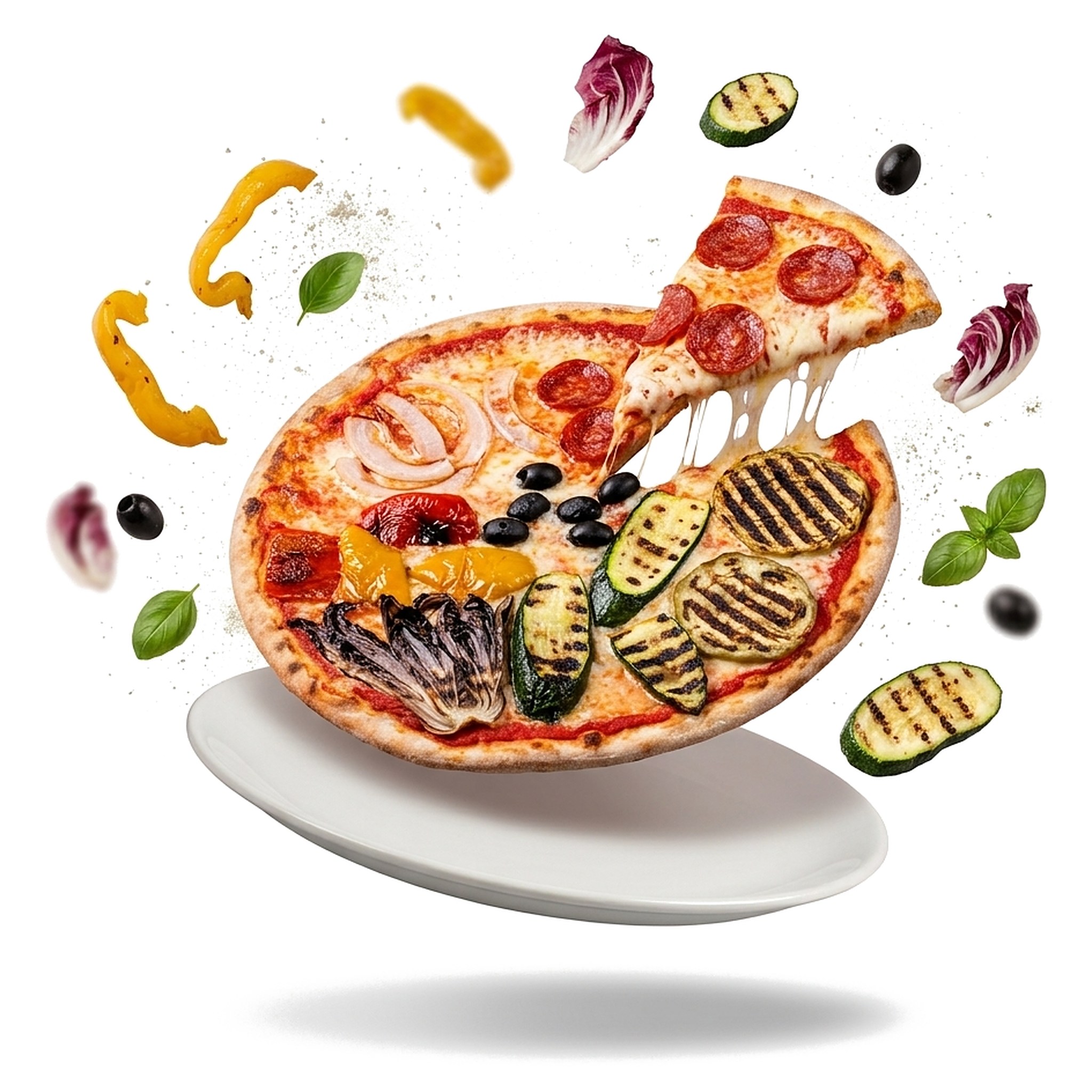 Pizza con verdure grigliate, salame piccante e olive, sospesa sopra il piatto tra gli ingredienti